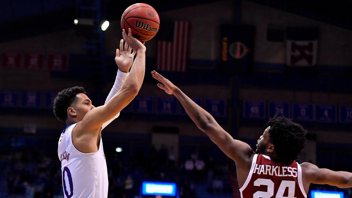 KU’s Jalen Wilson shoots over OU’s Elijah Harkless during the second half of Saturday’s Big 12 Conference game at Allen Fieldhouse. KU beat OU 63-59 (Jan. 9, 2021).