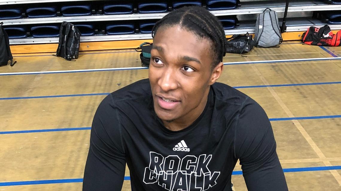Kansas senior forward David McCormack talks to reporters at Washburn basketball camp on Tuesday, June 15, 2021, in Topeka, Kan.