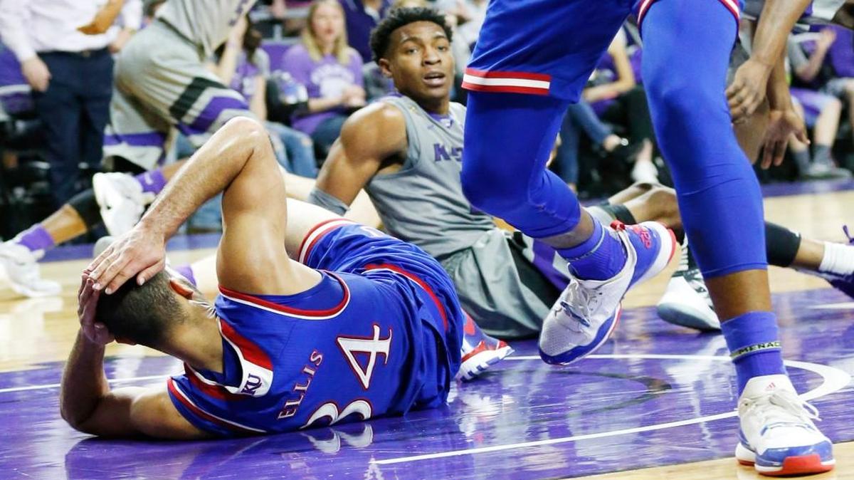 Besides a scratched eye, Kansas senior forward Perry Ellis received 12 stitches after gashing the back side of his head at the 12:15 mark of the second half in the Sunflower Showdown against Kansas State on Saturday at Bramlage Coliseum in Manhattan, Kan.