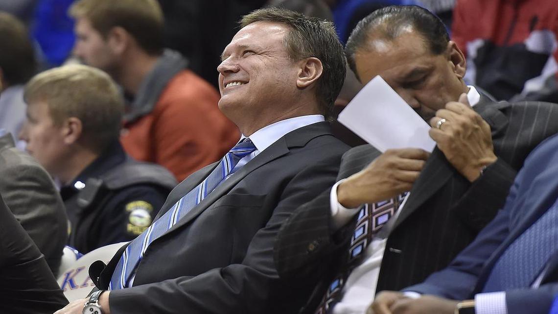 Kansas coach Bill Self laughs on the bench during a game against Long Beach State earlier this season. KU won 91-61.