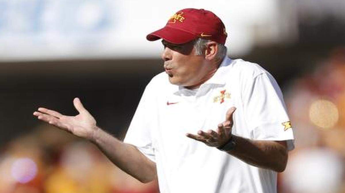 
Iowa State head coach Paul Rhoads questioned a call during the first half of a game on Oct. 11 against Toledo in Ames, Iowa.
