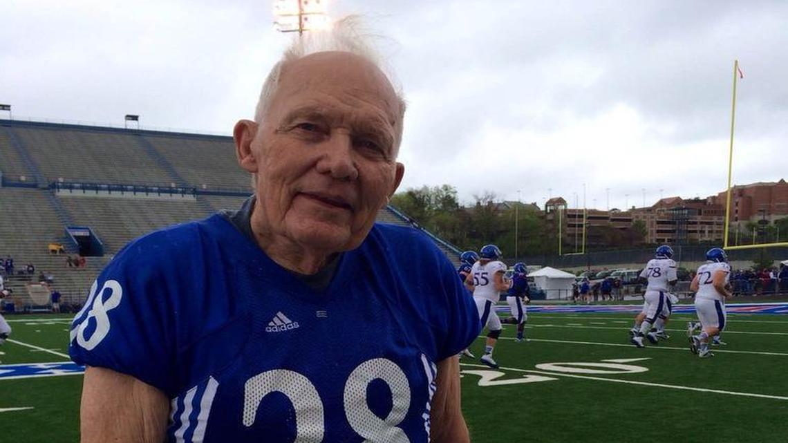 
Bryan Sperry, who lettered in football for both K-State and KU during the 1940s, scored a touchdown Saturday during the Jayhawks’ alumni game.
