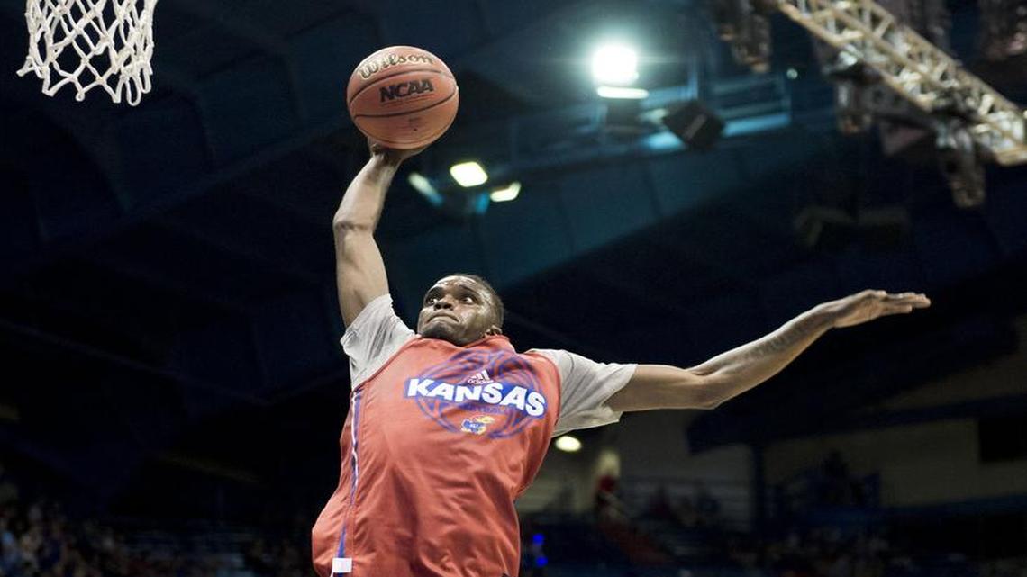 Kansas guard Lagerald Vick went up for a dunk during the Jayhawks’ scrimmage Saturday at Late Night in the Phog at Allen Fieldhouse.