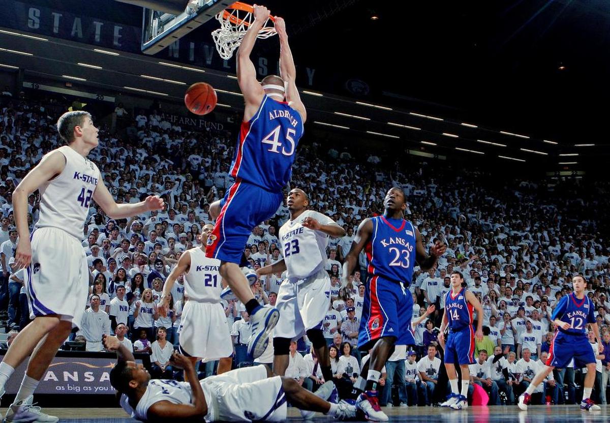 KU’s Cole Aldrich came up big in the Jayhawks’ 85-74 win over K-State in Manhattan on Feb. 14, 2009. Aldrich stepped up to help lead Kansas to the 2009 conference title after several of the seniors who had helped secure a national title in 2008 moved on.
