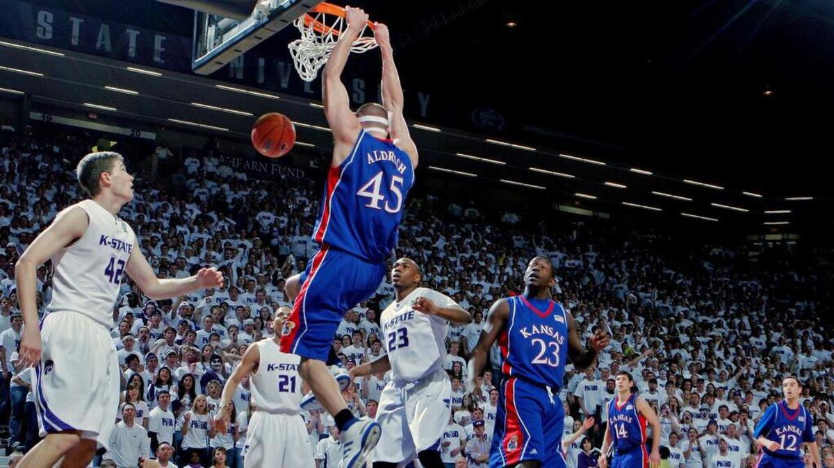 KU’s Cole Aldrich came up big in the Jayhawks’ 85-74 win over K-State in Manhattan on Feb. 14, 2009. Aldrich stepped up to help lead Kansas to the 2009 conference title after several of the seniors who had helped secure a national title in 2008 moved on.