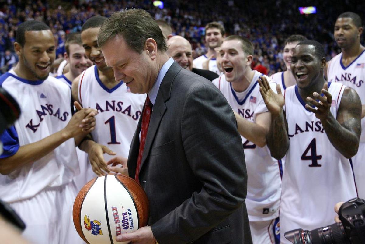 Always the first to give his players all the credit, Kansas coach Bill Self was the center of attention after the Jayhawks’ 73-59 win over Iowa State on Feb. 13, 2010. It was Self’s 400th career win and KU athletic director Lew Perkins presented him with an embossed ball as his players and the Jayhawk faithful gave him a rowdy round of applause.