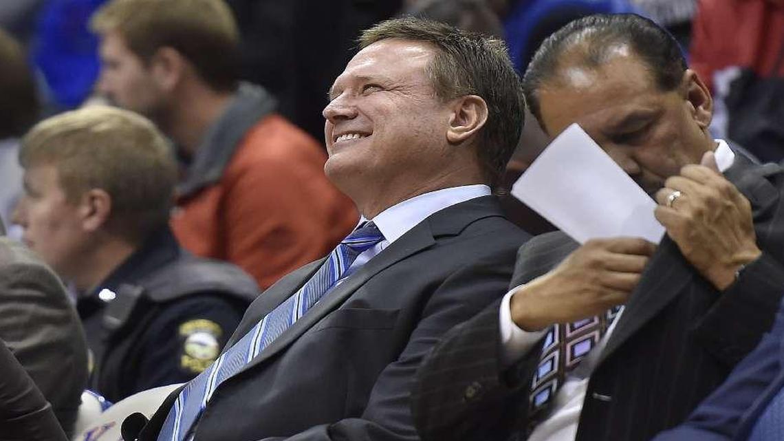 KU’s Bill Self (left) has 599 victories in 24 seasons as a college basketball coach. “It’s certainly been enjoyable,” he added of his years at KU, where he’s 392-84.