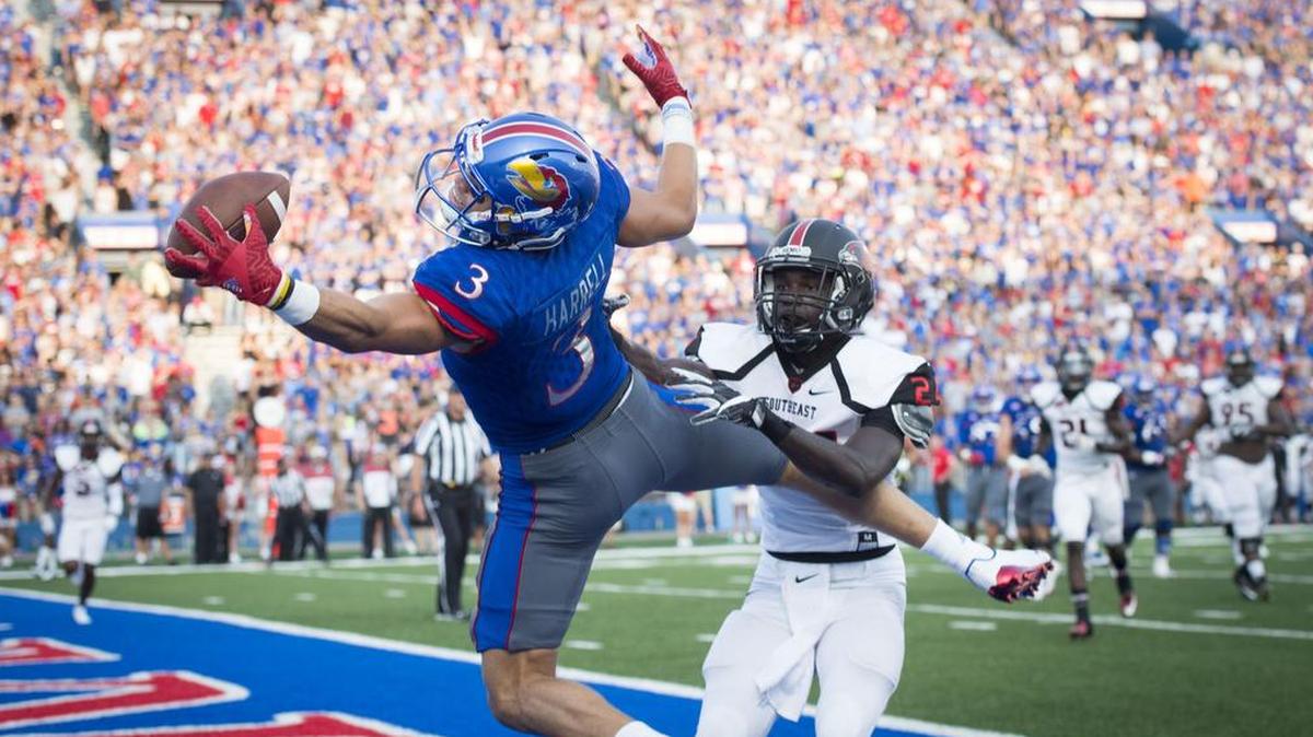 Chase Harrell (left) was third for the Jayhawks last season in catches (25) and fifth in receiving yards (221).