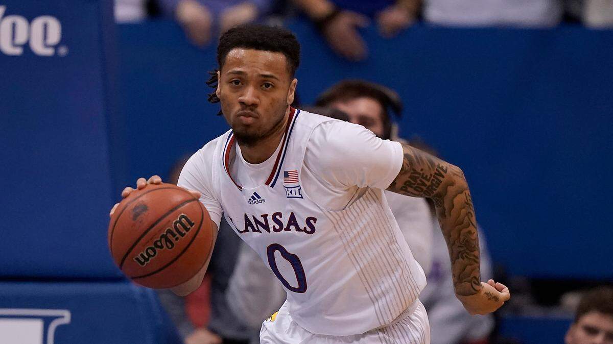 Kansas’ Bobby Pettiford drives during the second half of a game against Stony Brook on Nov. 18, 2021, in Lawrence, Kan.