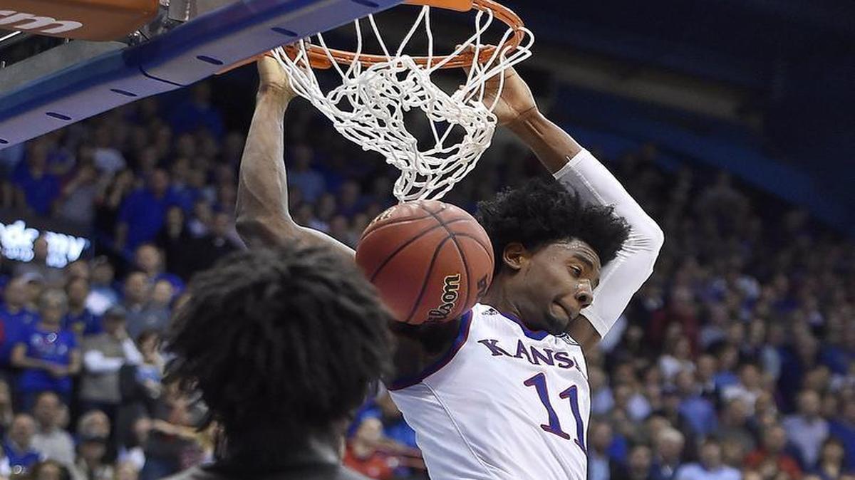 KU freshman Josh Jackson dunked during a game against Baylor earlier this season at Allen Fieldhouse. The team will face off again on Saturday.