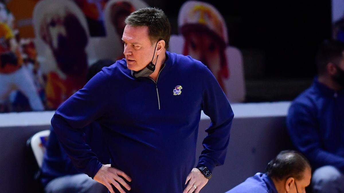 Kansas coach Bill Self looks over during the team’s NCAA college basketball game against Tennessee in Knoxville, Tenn., Saturday, Jan. 30, 2021.