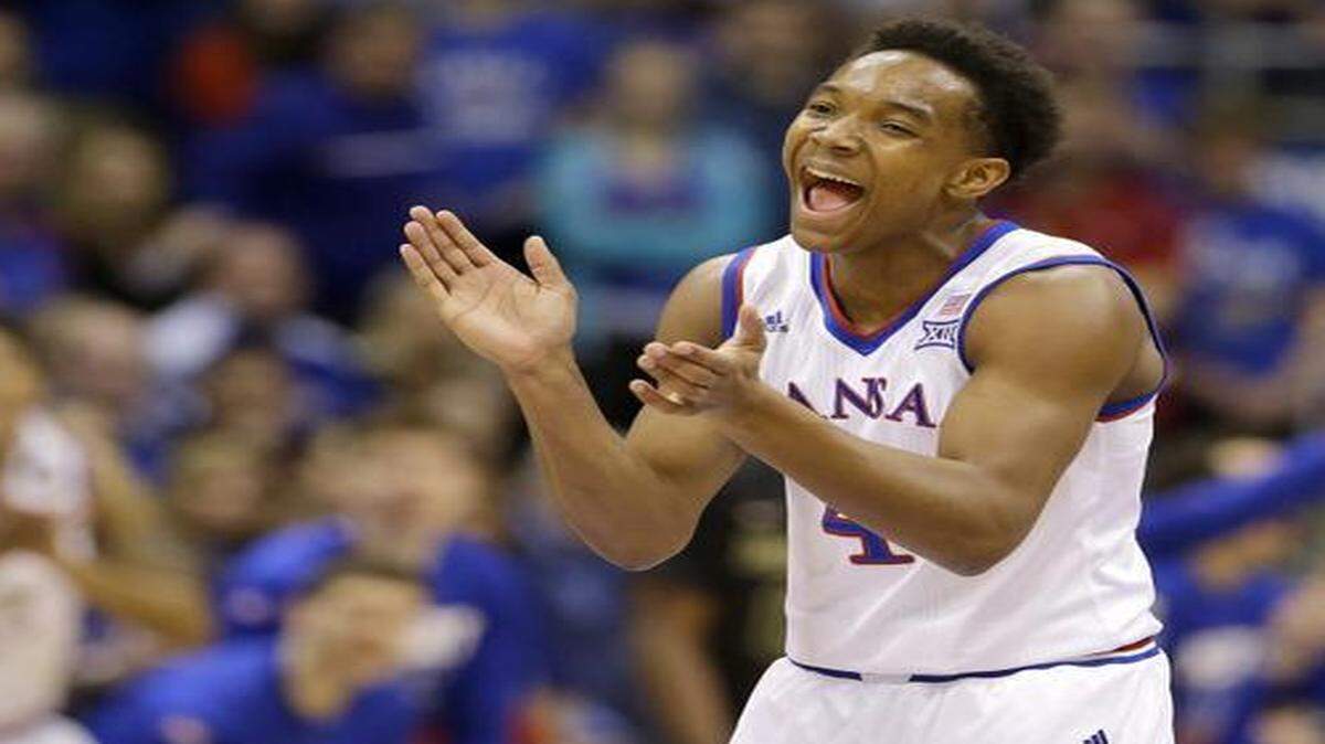 
Kansas’ Devonte Graham celebrated after forcing a turnover during the first half of a game against Baylor in 2015.
