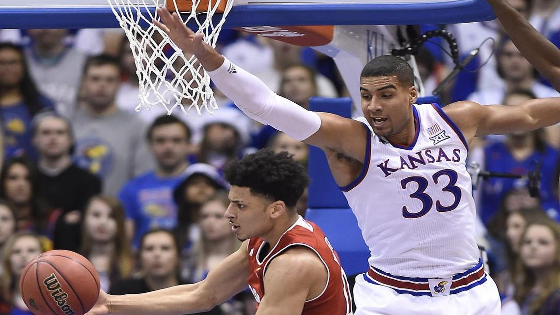KU's Landen Lucas defended against Nebraska’s Tai Webster during the first half of Saturday’s game at Allen Fieldhouse. KU beat Nebraska 89-72.