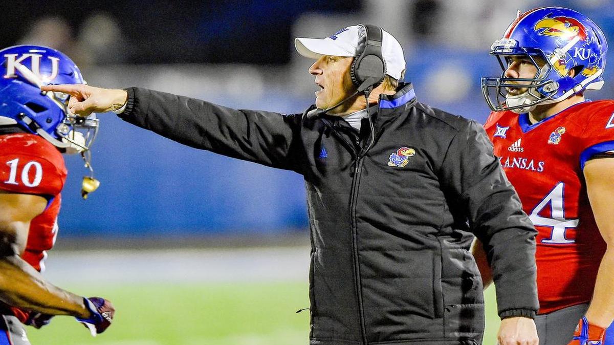Kansas Jayhawks head coach David Beaty pointed to his players during the second half of the college football game on Saturday at Memorial Stadium in Lawrence. The Kansas Jayhawks defeated the Texas Longhorns 24-21 in overtime.