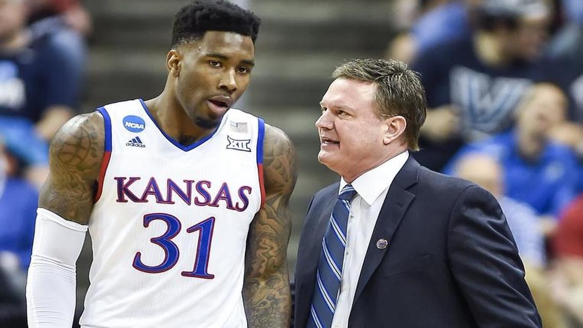 Jamari Traylor (left) played his final game with the Kansas Jayhawks in March, but Kansas coach Bill Self (right) says he is looking for the kind of energy Traylor brought to the team and to the floor out of his team this season.
