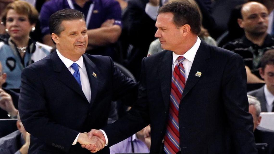 Kentucky coach John Calipari (left) greeted Kansas coach Bill Self before the 2012 NCAA championship game in New Orleans. The Wildcats will host the Jayhawks on Saturday at Rupp Arena.