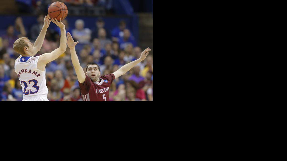 
Kansas’ Connor Frankamp shoots against Eastern Kentucky in last year’s NCAA Tournament.
