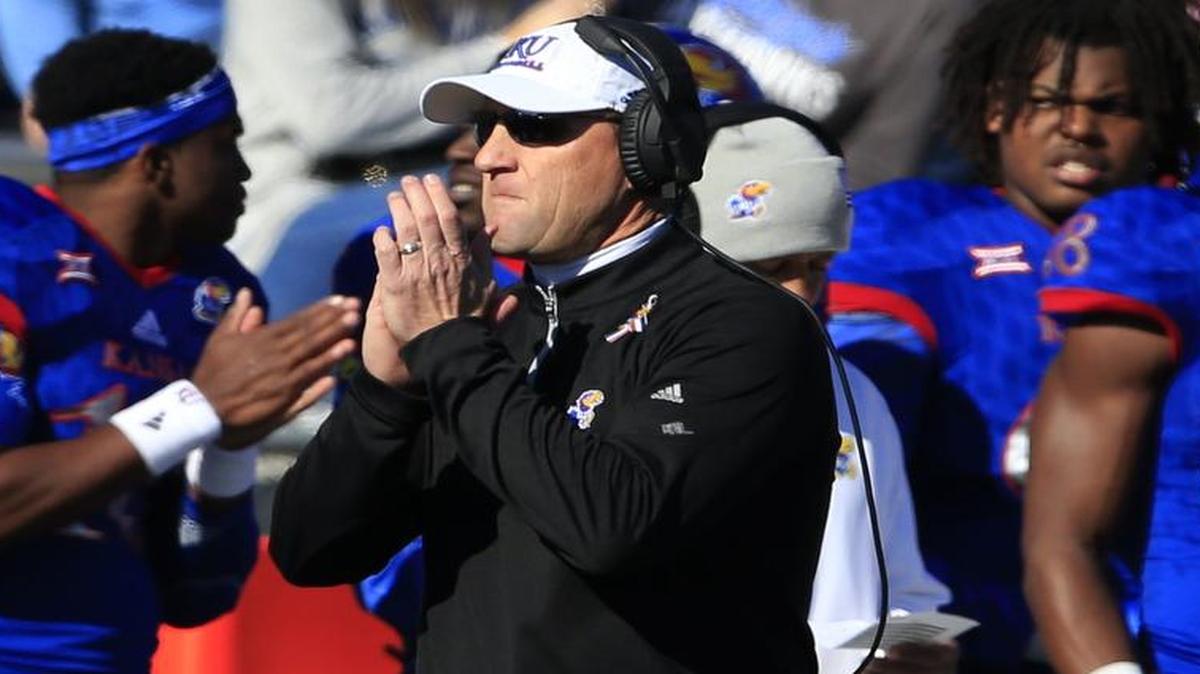 Kansas coach David Beaty applauded his team during the first half of last Saturday’s game against Iowa State. As KU prepared for its final home game on Saturday, Beaty said about the seniors, “Those guys have given so much to this university.”