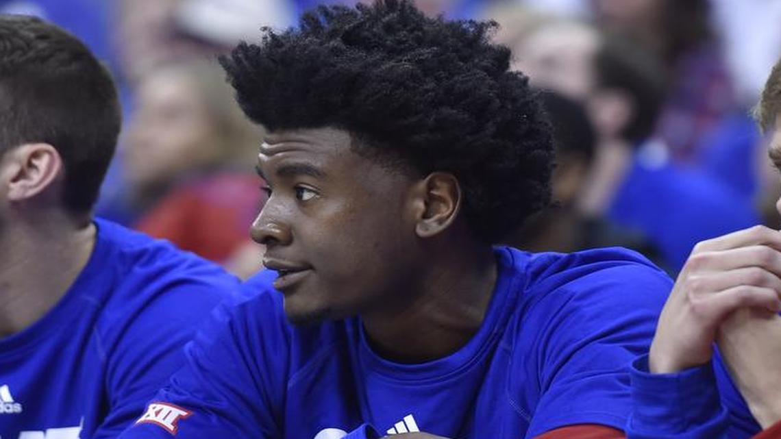Josh Jackson (center) sat out the Jayhawks’ 85-82 Big 12 Tournament quarterfinal loss to TCU but will return to the floor in the NCAA Tournament.