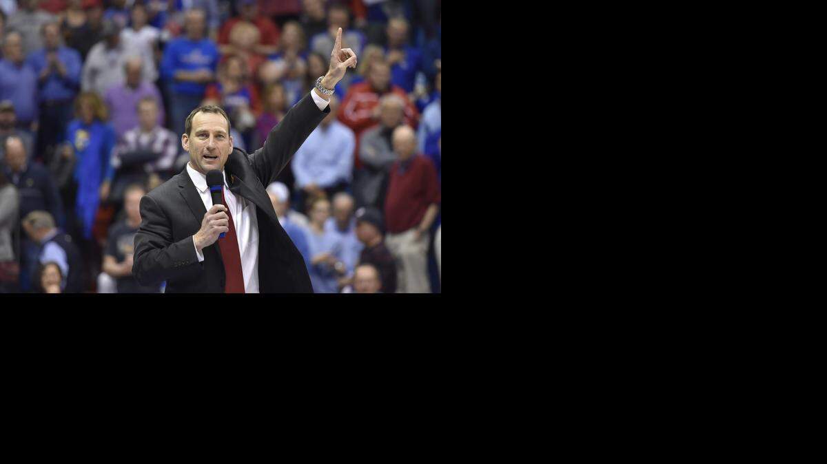 
David Beaty was introduced as the new Kansas football coach at halftime of the Jayhawks basketball game against Florida.
