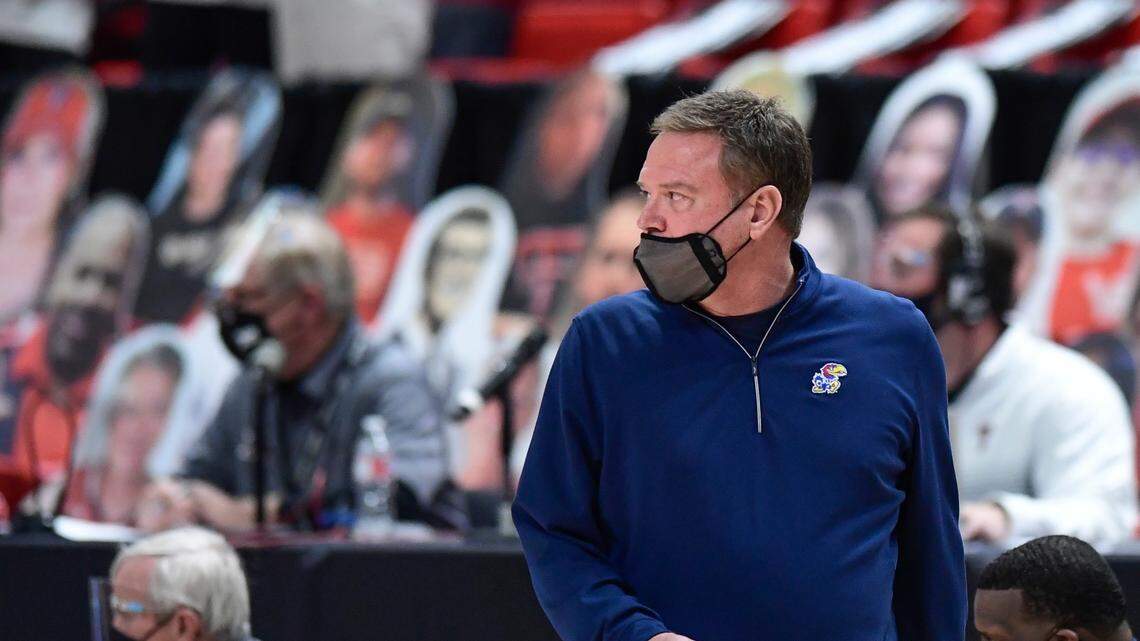 Kansas’ head coach Bill Self watches from the sideline during the second half of a college basketball game against Texas Tech in Lubbock, Texas, Thursday, Dec. 17, 2020.