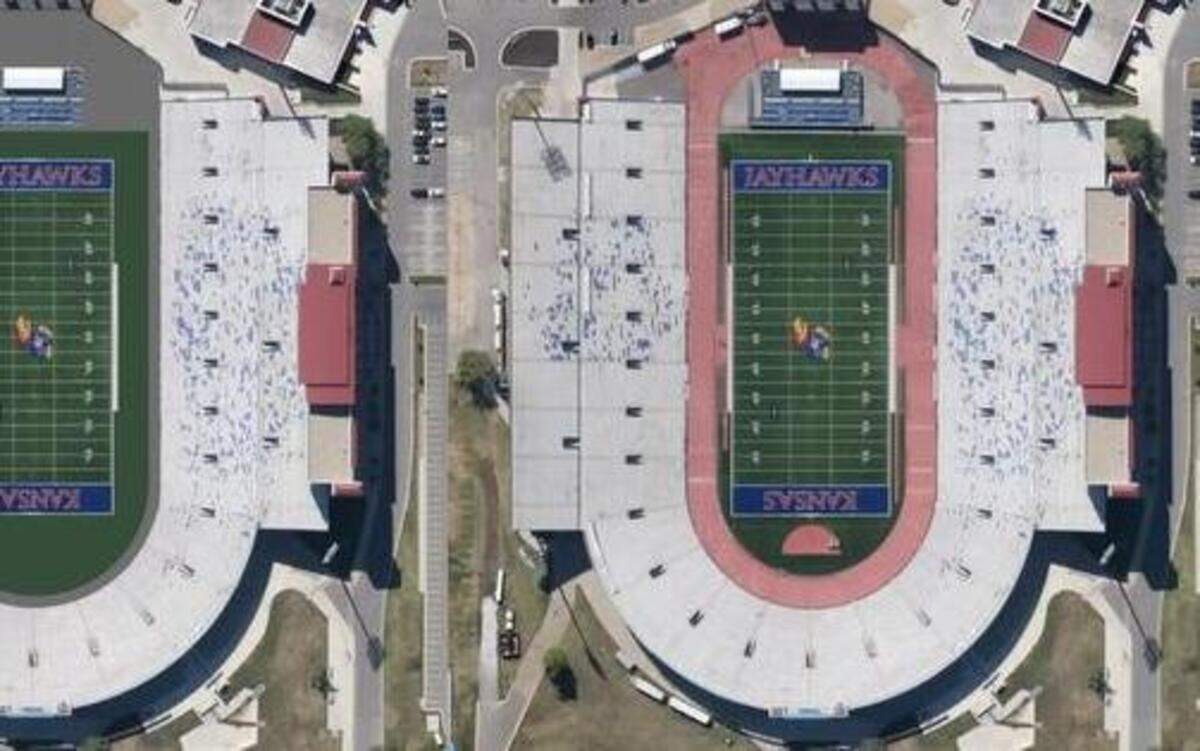 
Here’s how KU intends Memorial Stadium will look like without a track (left) compared with a current aerial view.
