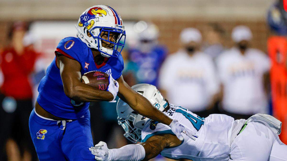 Kansas running back Velton Gardner carries the football against Coastal Carolina during the first half of a game in Conway, S.C., Friday, Sept. 10, 2021.