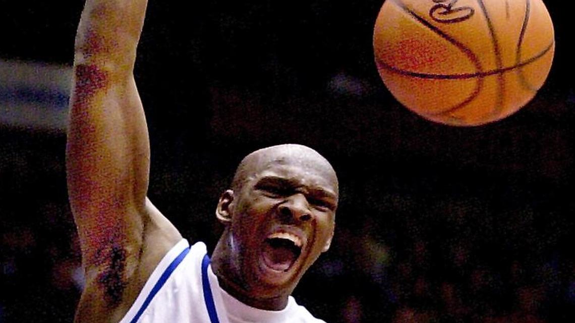 Kenny Gregory displayed plenty of emotion while slamming home a dunk in KU’s 87-58 win over Syracuse in the 2001 NCAA Tournament second round.