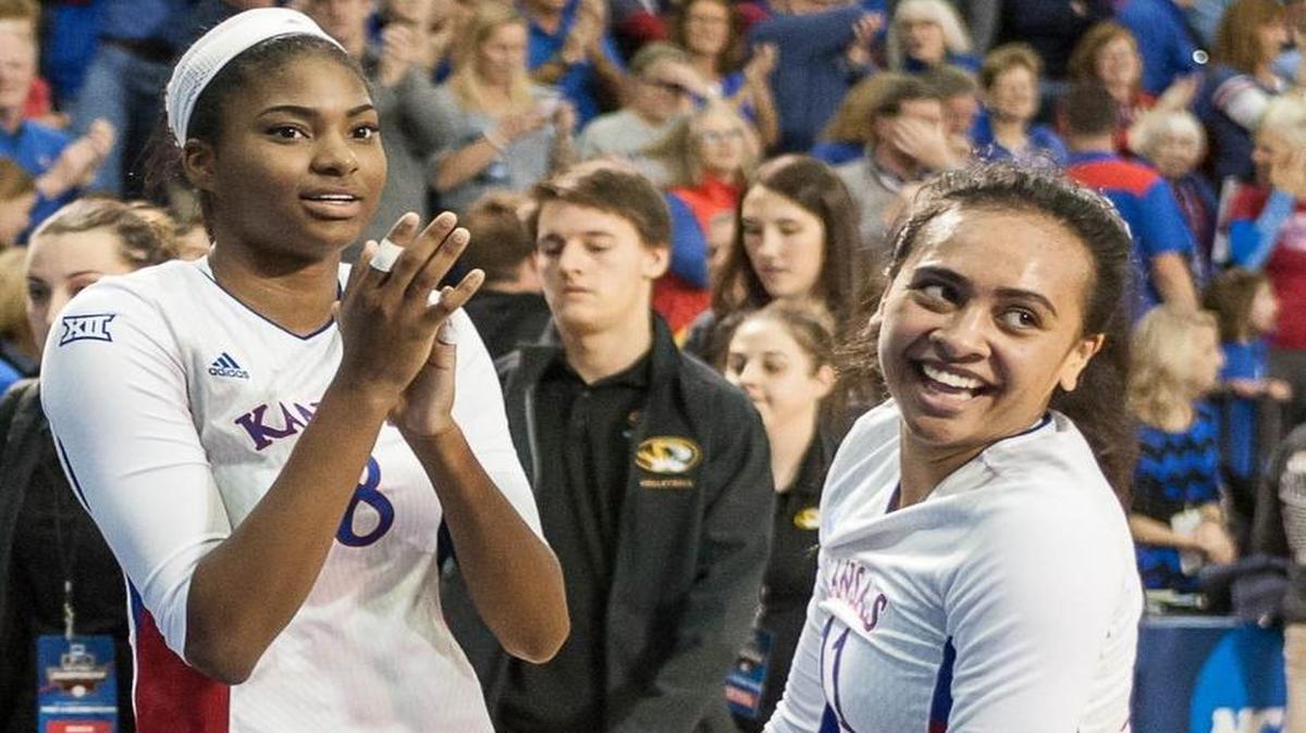 Kelsie Payne (left) and Ainise Havili were among the players who last season led the Kansas Jayhawks to appearance in the NCAA volleyball Final Four. This season, KU is second in the Big 12 preseason poll (behind Texas) and also is fifth in the national AVCA ranking. That’s the highest starting spot in school history.