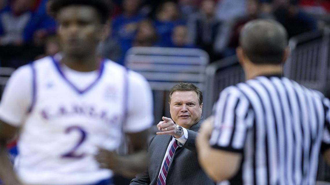 Kansas coach Bill Self disputes a call during the first half of Saturday night's game at the Sprint Center. KU beat Davidson, 89-71.