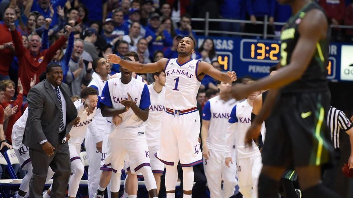 KU’s Wayne Selden (1) came out smoking in the Jayhawks’ Big 12 Conference opener Saturday against Baylor. After another three-pointer, the KU bench erupted and Baylor’s Jonathan Motley walked to the bench for a timeout to regroup.