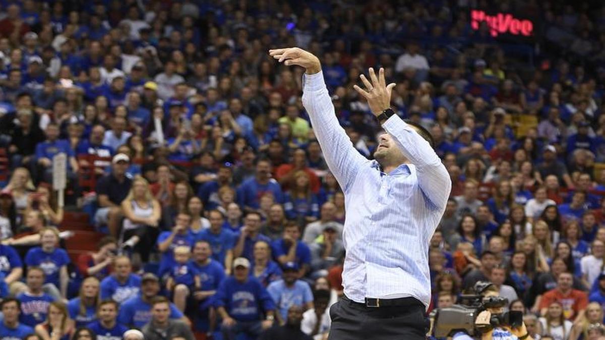 Brennan Bechard, KU’s director of basketball operations, made a half-court shot that won KU sophomore Jerrod Martin Castro $10,000 from Kansas coach Bill Self during the 2015 Late Night in the Phog at Allen Fieldhouse.