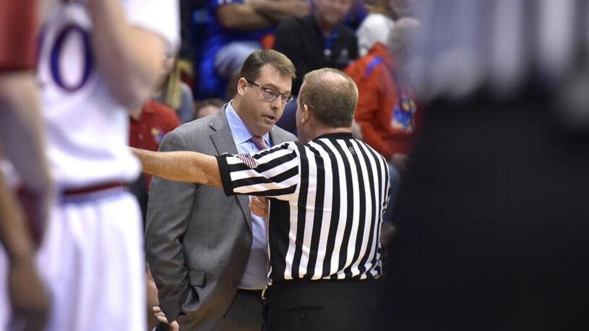 Stanford head coach Jerod Haase makes his point to an official during the first half of a game at Allen Fieldhouse in 2016. KU beat Stanford, 89-74.