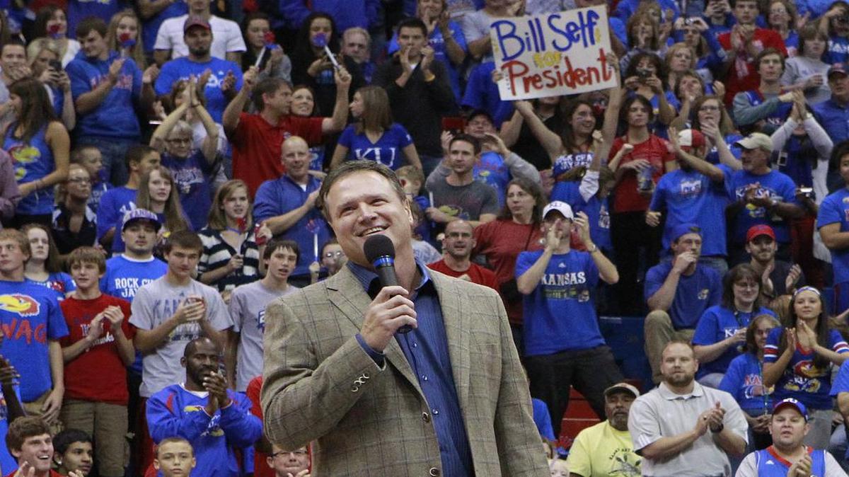 Kansas basketball coach Bill Self got a standing ovation after walking onto the Allen Fieldhouse floor during Late Night in the Phog in 2012.