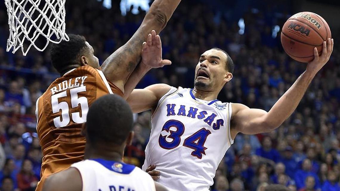 KU’s Perry Ellis brushed Texas’ Cameron Ridley aside and hit two of his game-high 28 points during a 2015 game at Allen Fieldhouse.