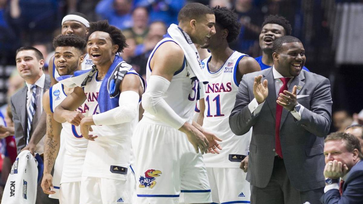 The Kansas Jayhawks bench reacted after Kansas Jayhawks guard Tyler Self, the son of Jayhawks’ coach Bill Self, hit a three-pointer in the second half of a win over UC Davis in the first round of the NCAA Tournament on Friday, March 17, 2017, in Tulsa, Oklahoma.