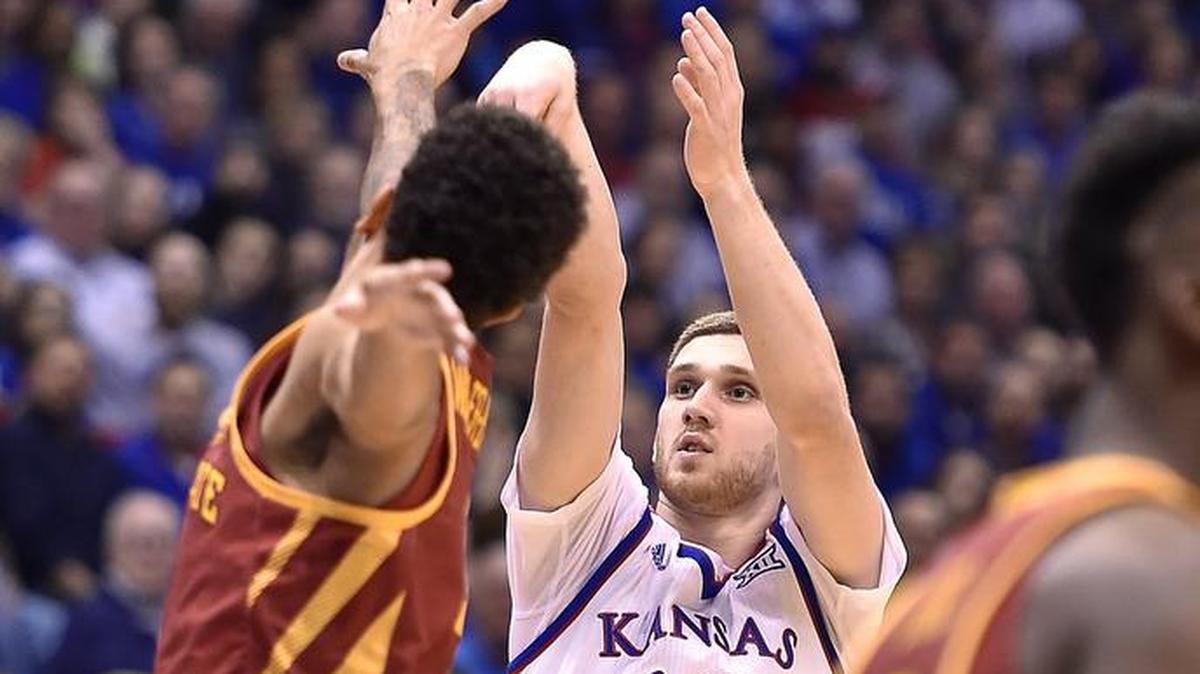KU senior Svi Mykhailiuk made five of his six three-pointers in the first half Tuesday against Iowa State.