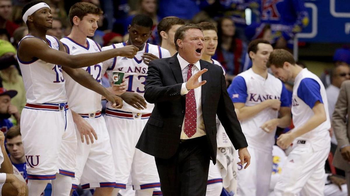 Kansas head coach Bill Self (center) did not start sophomore guard Devonte’ Graham on Saturday against Montana after Graham overslept the morning shootaround.