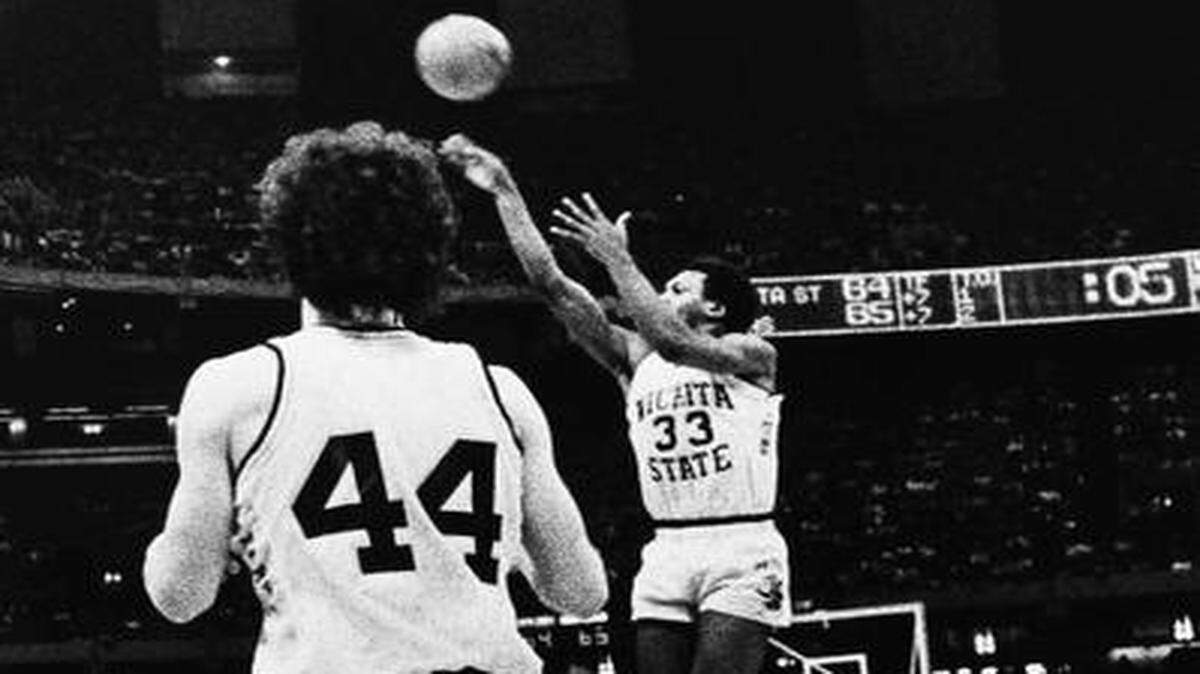 
Wichita State’s Mike Jones (33) made a basket with 5 seconds left that gave the Shockers a 66-65 victory over Kansas in the NCAA Sweet 16 in 1981 in New Orleans.
