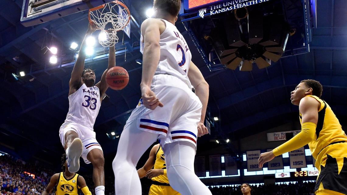 KU’s David McCormack throws down a dunk during the first half of Saturday’s game at Allen Fieldhouse. KU beat Missouri, 102-65.