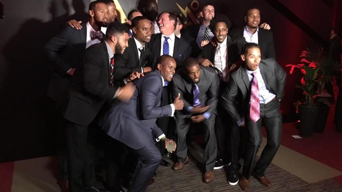 Kansas coach Bill Self (center) with some of his former players on Friday night after the Hall of Fame ceremonies in Springfield, Mass.