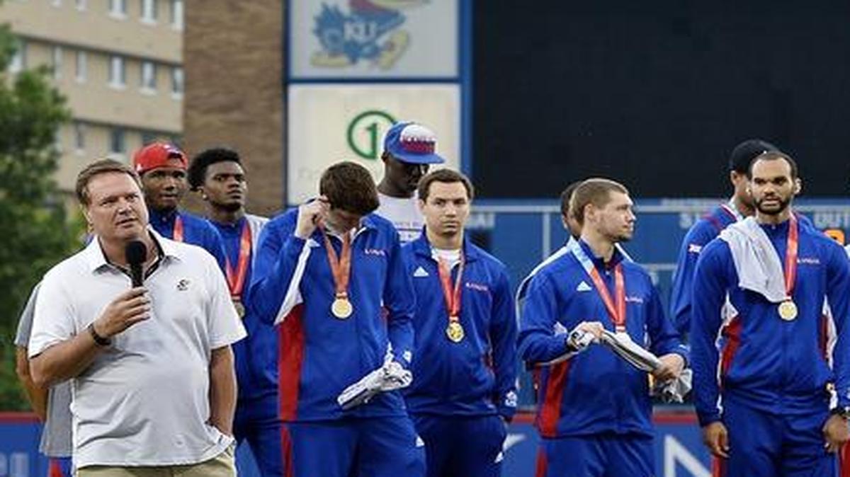 
KU fans and supporters welcomed back Team USA, the squad of mostly Jayhawks which won the World University Games gold medal in South Korea earlier this month, to Hoglund Ballpark on campus. Coach Bill Self talked to the crowd.
