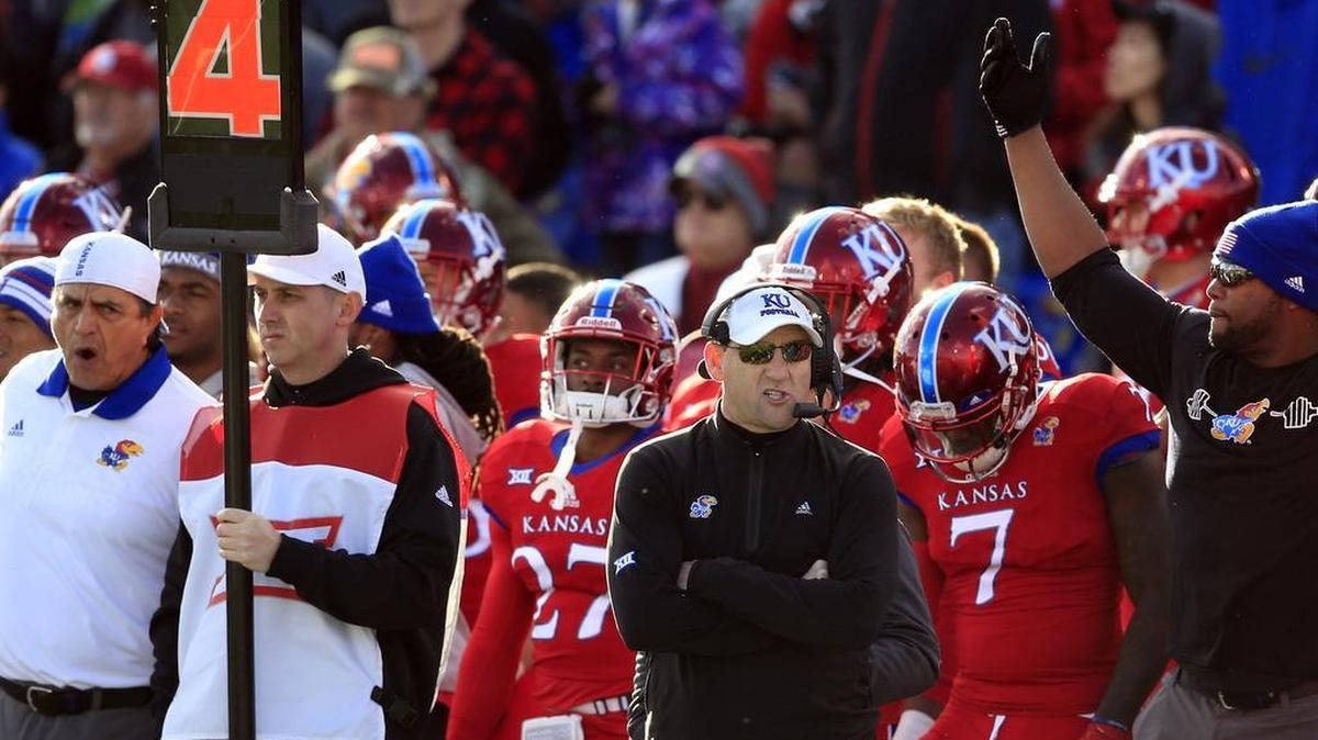 Kansas football coach David Beaty during the first half of an NCAA college football game against Oklahoma in Lawrence, Kan., Saturday, Nov. 18, 2017.