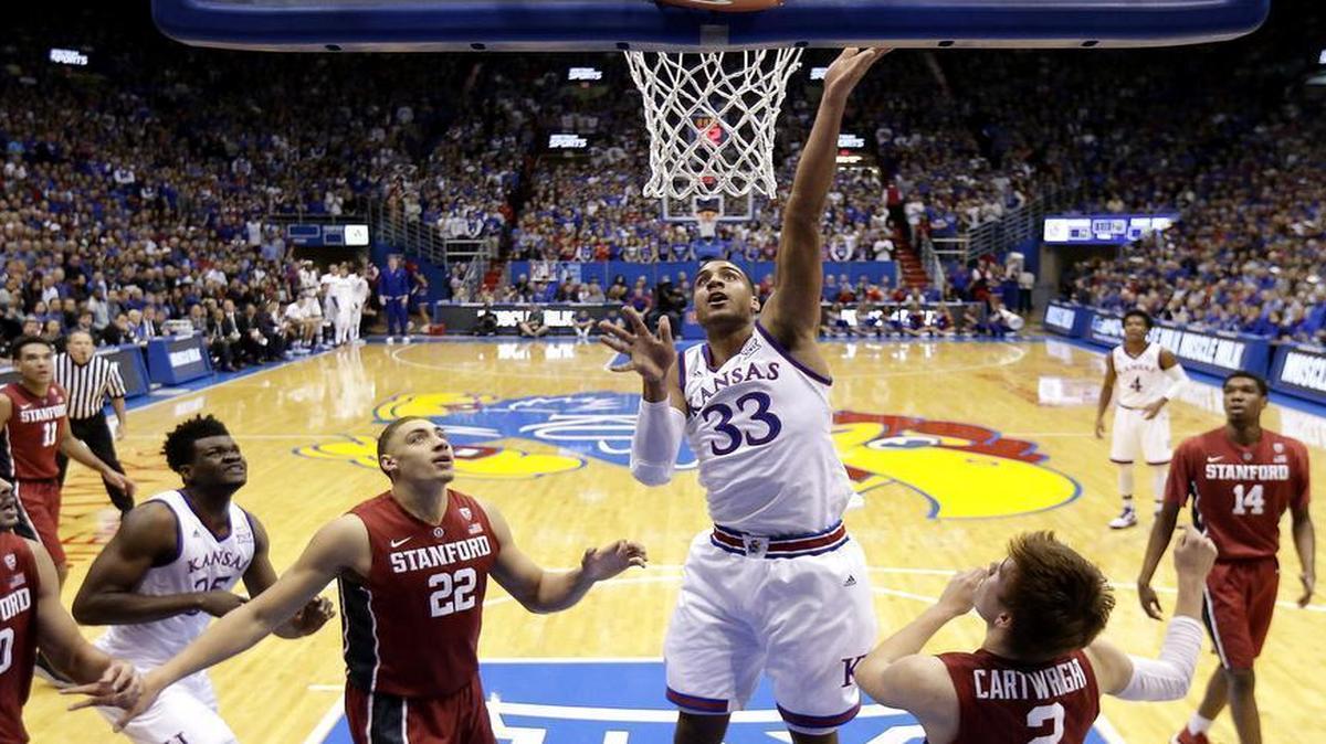 Kansas’ Landen Lucas (center) had eight points against Stanford at Allen Fieldhouse in Lawrence on Saturday.