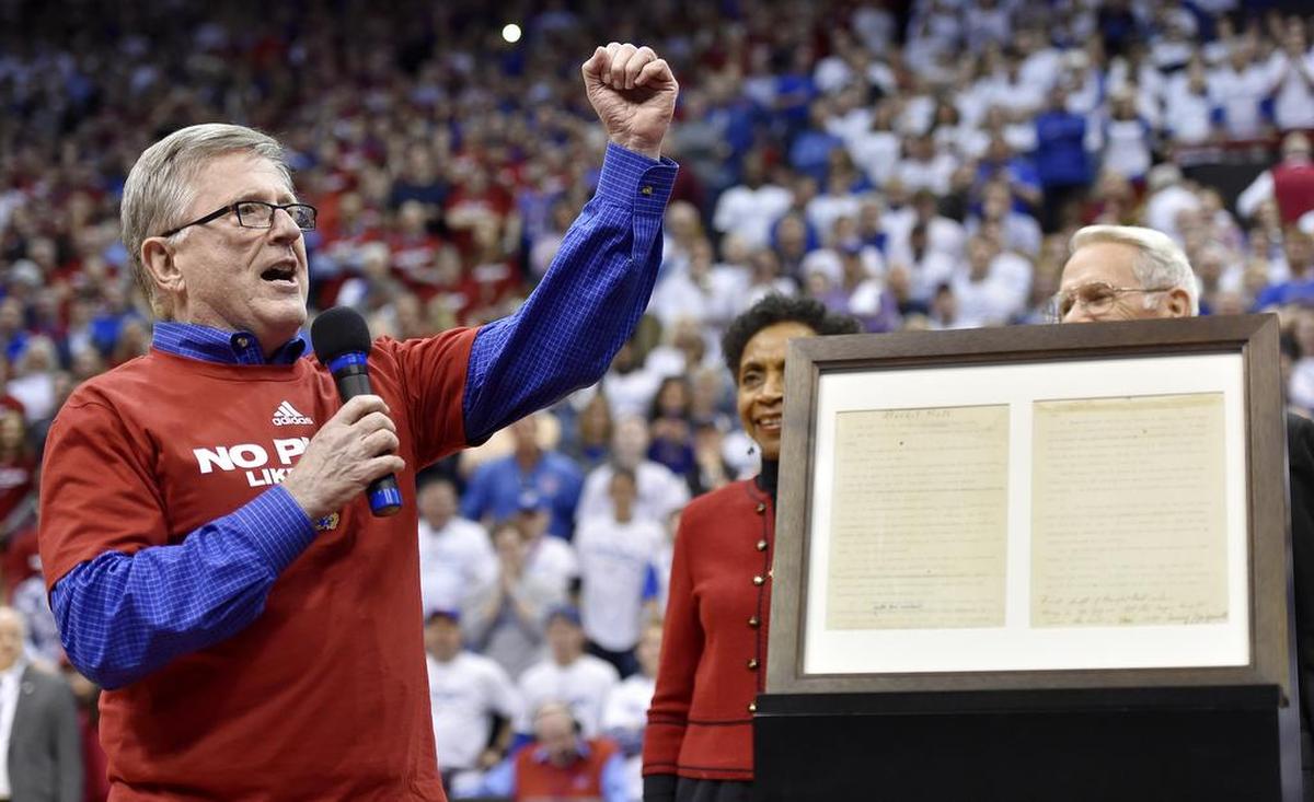 David Booth helped unveil the original rules of basketball during a halftime ceremony at Allen Fieldhouse in 2016.