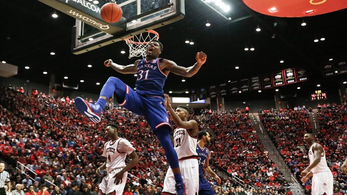 Kansas forward Jamari Traylor dunked in the second half against San Diego State on Tuesday night in San Diego. The No. 2-ranked Jayhawks beat the Aztecs 70-57.