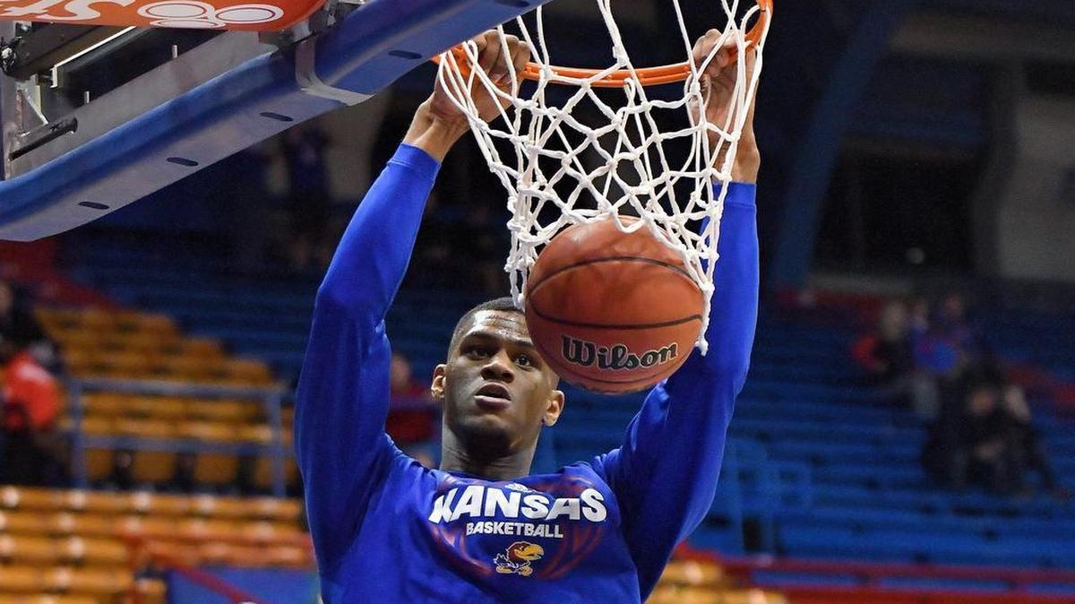 Kansas Jayhawks forward Billy Preston warms up with a dunk before Tuesday's basketball game against Texas Southern on November 21, 2017 at Allen Fieldhouse.