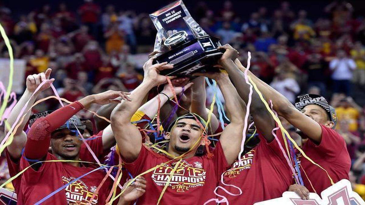 
Iowa State’s Naz Long (middle) and the rest of the Cyclones got to celebrate their second straight Big 12 Conference Tournament title with a 70-66 win over Kansas on Saturday night at the Sprint Center.
