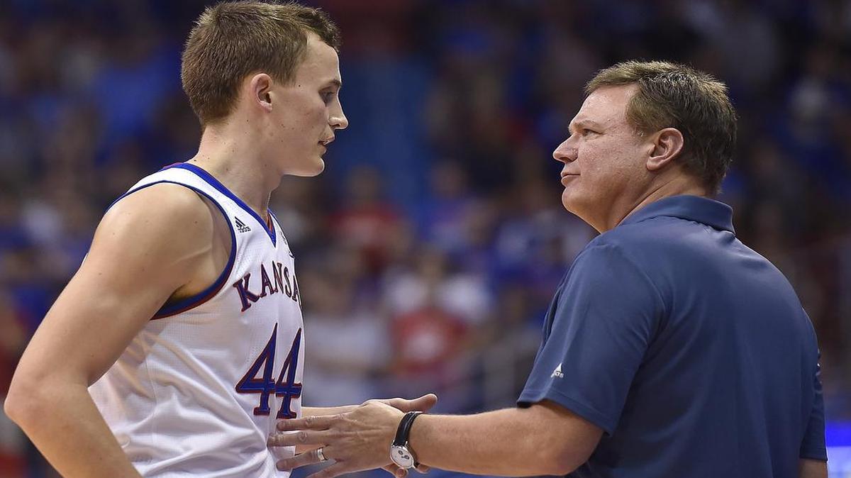 Kansas coach Bill Self had a word with Mitch Lightfoot during the second half of an exhibition game against Washburn last season at Allen Fieldhouse.