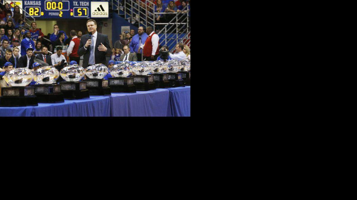 
Every year may be different, but for Bill Self and Kansas, there are some things that are the same. On March 5, Self spoke to the crowd in Allen Fieldhouse after his team won its 10th straight Big 12 championship and put the hardware on display. 
